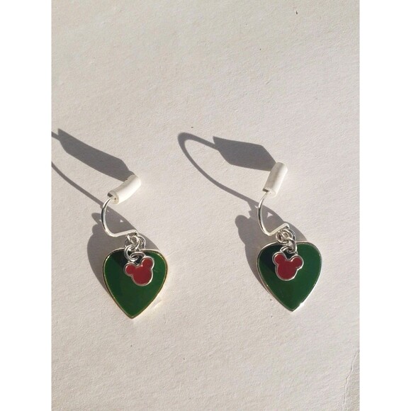 Authentic Disney Dangling Double Heart Shaped Green Red Enamel Pierced Earrings - Picture 2 of 4